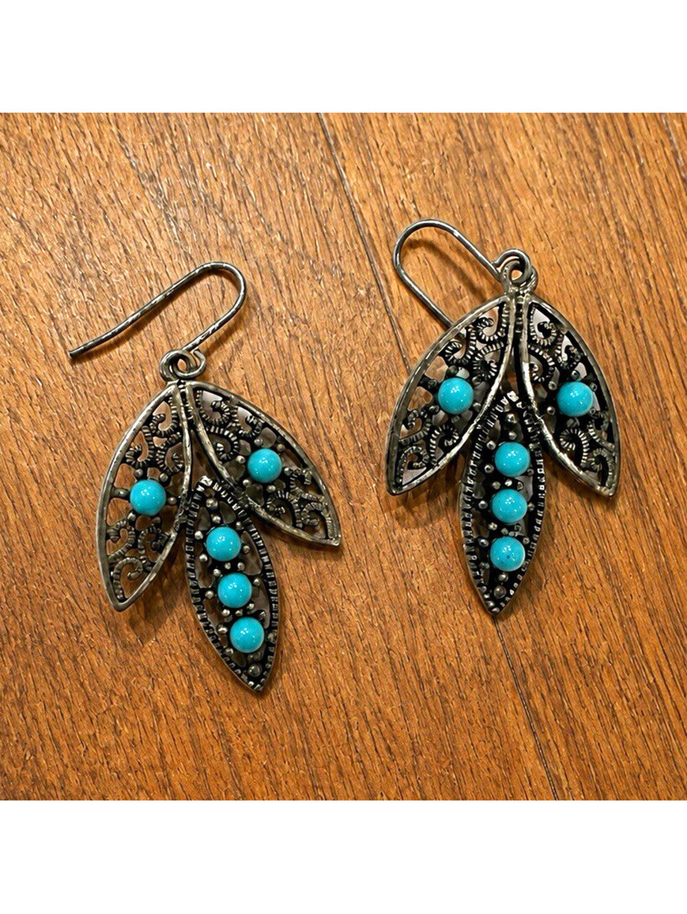 Silver-Tone Turquoise Bead Filigree Leaf Dangle Earrings Boho